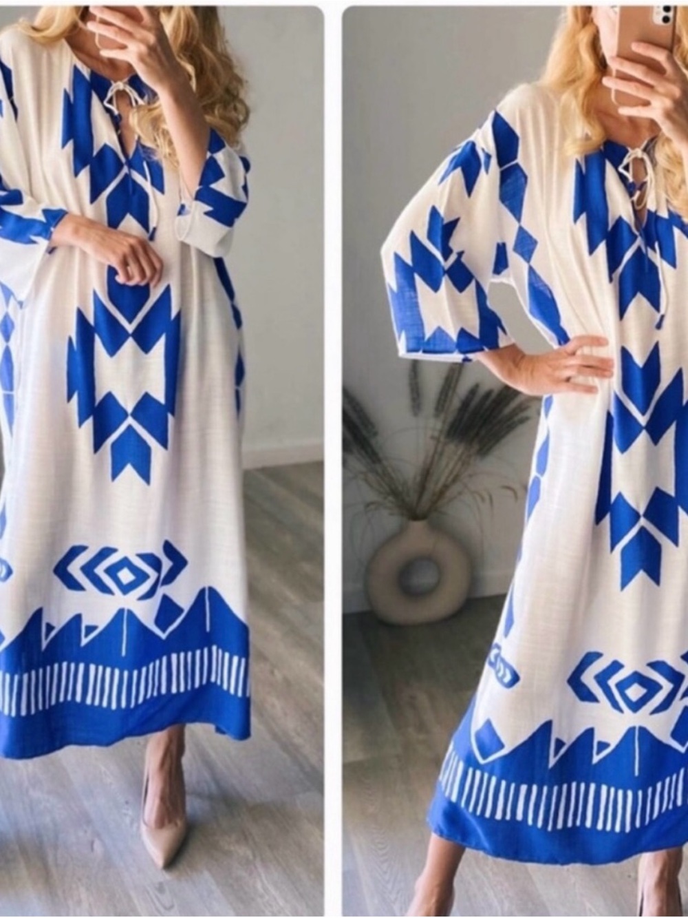 Zara White Maxi Dress with Bold Blue Geometric Print